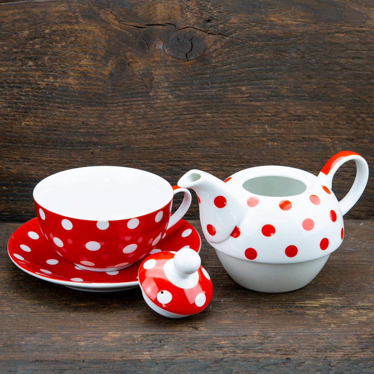 Tea for One Punkte rot weiß Porzellan Teekannen Set Tasse 